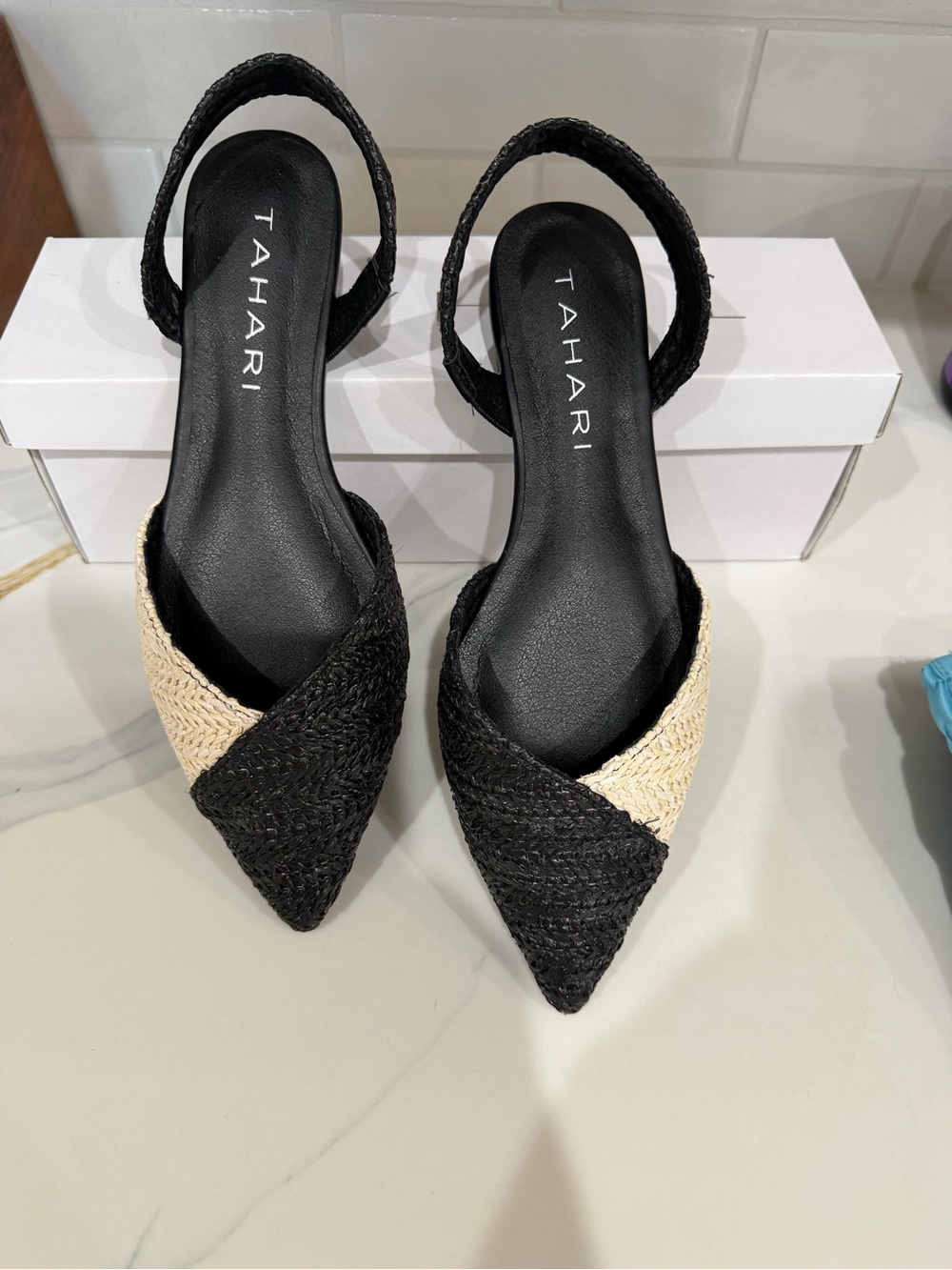 Tahari Rio Black & Natural Braided Pointed Slingback Flats